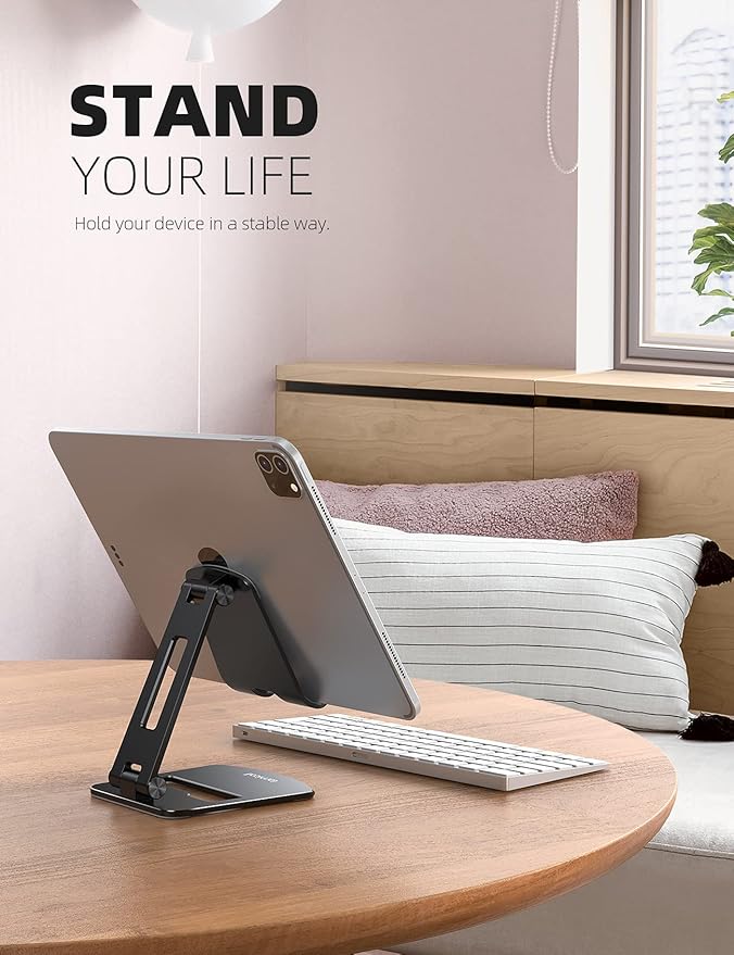 Lamicall Adjustable Tablet Stand Holder - Foldable Phone Dock, 360°Rotating Desktop Tablet Mount Gifts, for 4.7-13" Tablets, iPad Pro 11, 12.9 Air Mini, Tabs, Kindle, iPhone Air 17 Pro Max, Black