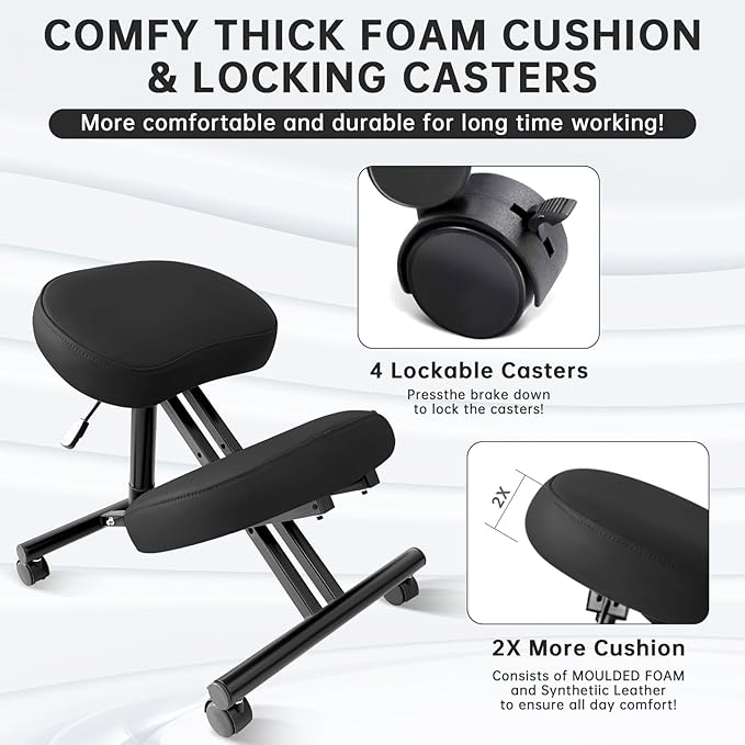 PU Leather Ergonomic Kneeling Chair, Adjustable Home and Office Stool with Thick Pads and Flexible Lockable Brake Wheels for Back Pain Relief (Light Black)