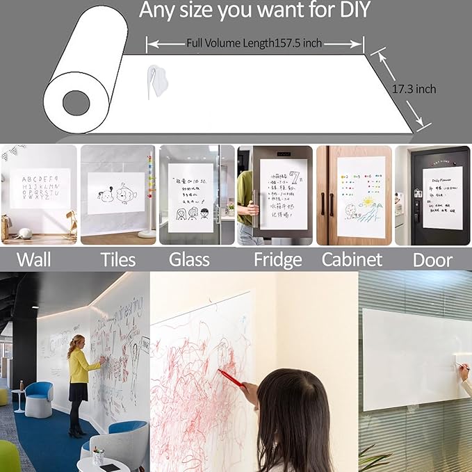 17.3"x157.5" White Board Paper Roll - Dry Erase Board Alternative,No Glue Static Cling White Board Sticker for Wall, Glass, School & Office | Easy-to-Install Portable Dry Erase Paper