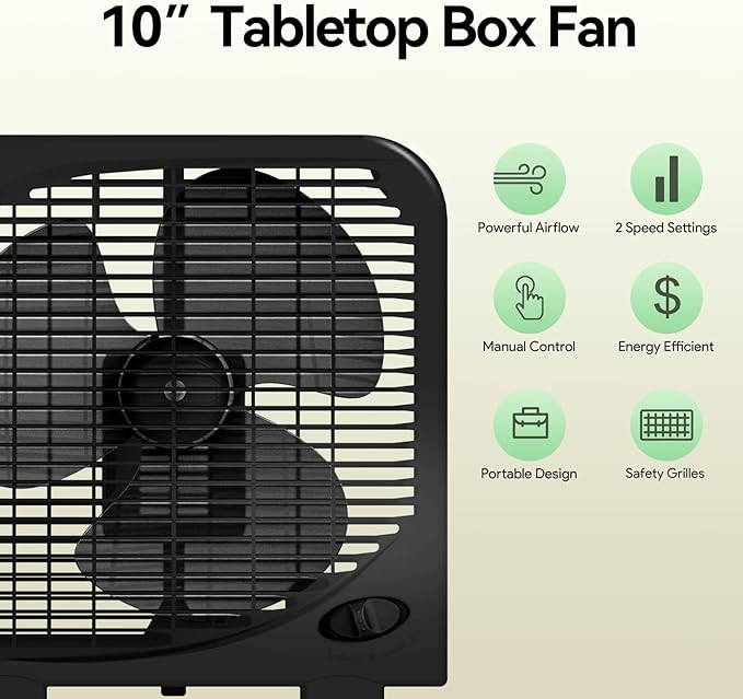 shinic 10" Tabletop Box Fan for Bedroom, 2 Speeds, Quiet Table Fans with Strong Airflow, Energy Efficient Small Box Fan, Portable Kitchen Exhaust Fans for Bedroom Bathroom Office Dorm Workshop, Black