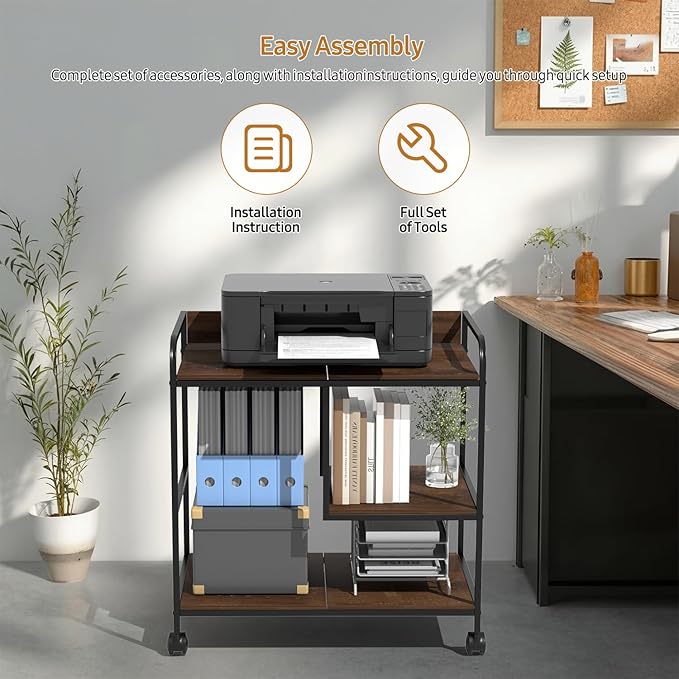 Printer Stand Large Storage for Office: Sturdy Steel Frame Mobile and Printer Table with Adjustable Storage Shelf - Easy Installation and Stability Design Table with Wheels for Scanners Paper File