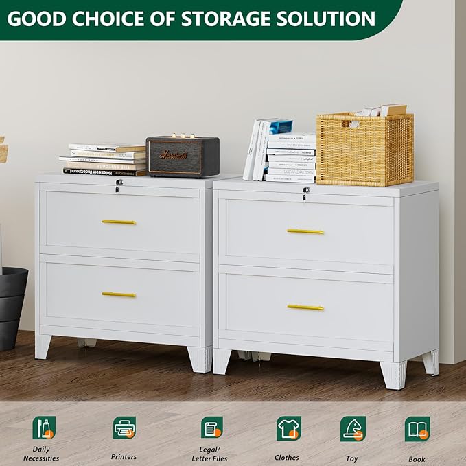 winiowa 2 Drawer File Cabinet, Metal Lateral File Cabinet with Lock, Locking Filing Cabinets for Home Office,Wide Office Storage Cabinet for Hanging Files Letter/Legal/F4/A4 Size (White, 2-Drawer)