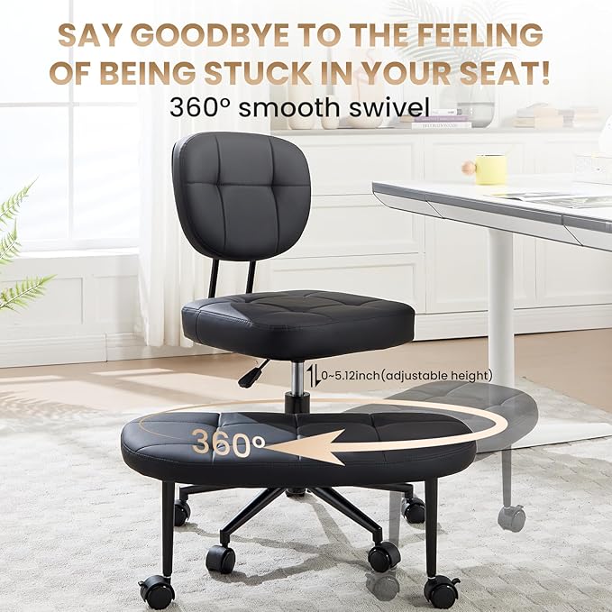 Criss Cross Chair Armless Office Chair for Cross Legged Sitting, 300lb Heavy Duty Ergonomic Desk Chair for ADHD, Adjustable Meditation Yoga Kneeling Chair with Brake Wheels for Home Office (Black)