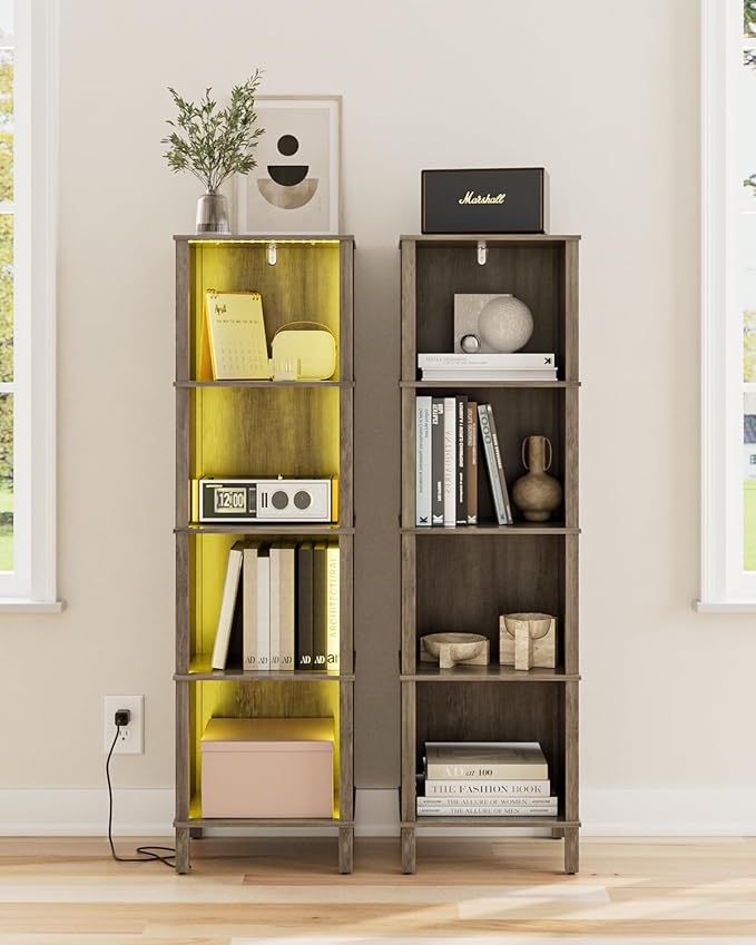 Book Shelf with LED Lights, Modern 4-Tier Bookcase, Open Storage Bookshelf, 11 × 14.2 × 50.4 Inches, Small Narrow Bookshelves for Living Room, Home Office, Bedroom, Gray