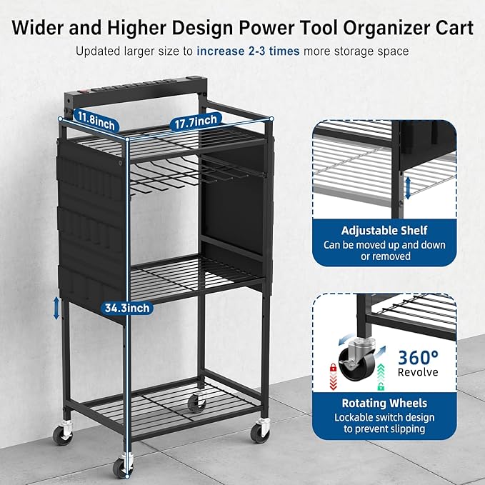 JUNNUJ Garage Large Power Tool Organizer Cart with 8 Outlet 3 USB Charging Station, Floor Rolling Drill and Tools Battery Storage Cart on Wheels, Heavy Duty Utility Rack with 10 FT Power Strip, Black