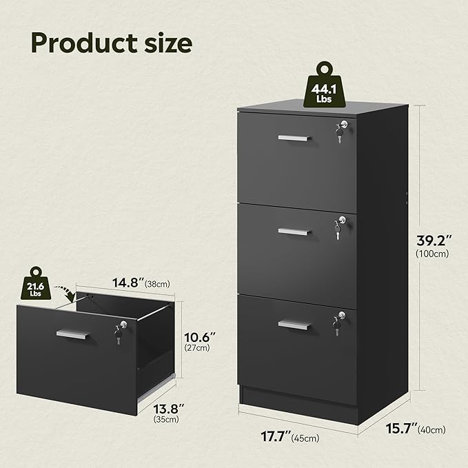DEVAISE 3 Drawer File Cabinet, Vertical Wood Filing Cabinet with Lock for Home Office, Printer Stand for Letter and A4 Size, Black