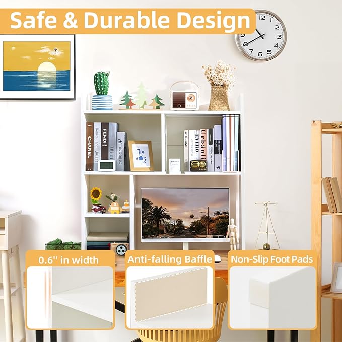 deli Desktop Shelf, Desk Hutch with 5 Shelves for Computer Desk, Desktop 3-Tier Display Rack, Multipurpose Wood Desktop Bookshelf Storage Organizer for Dorm Office Home