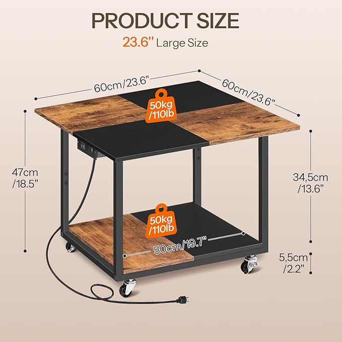 HOOBRO 23.6"×23.6" Large Printer Stand, Printer Table with Charging Station, Printer Cart on Wheels, Rolling Cart, for Office, Living Room, Rustic Brown and Black BF14UPS01