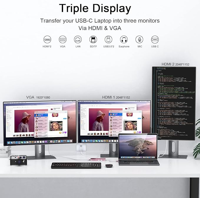 USB Docking Station GIQ USB C hub USB 3.0 to Dual HDMI VGA Adapter Triple Display USB C Laptop Docking Station Dual Display Compatible for MacBook M1 USB Dock-Rose Gold
