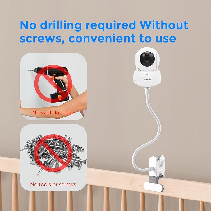 Flexible Baby Monitor Mount for VTech VM924/923, Universal Crib Camera Holder with Custom Adapter, Heavy Duty Gooseneck Nursery Stand, Twist-Lock C-Clamp No Drill Wall Shelf Attachment