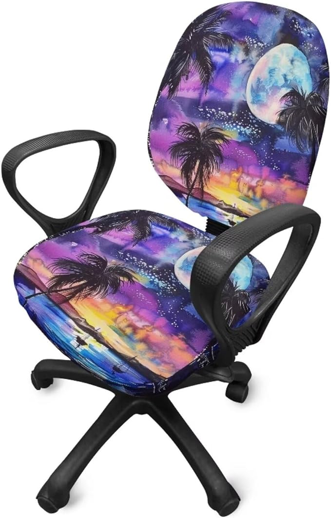 Tropical Palm Tree Computer Chair Cover Stretchable Office Chair Covers 2 Piece Universal Fit Most Wheelchairs,Computer Chairs,Gaming Chairs Washable Office Chair Slipcovers Protector Moon