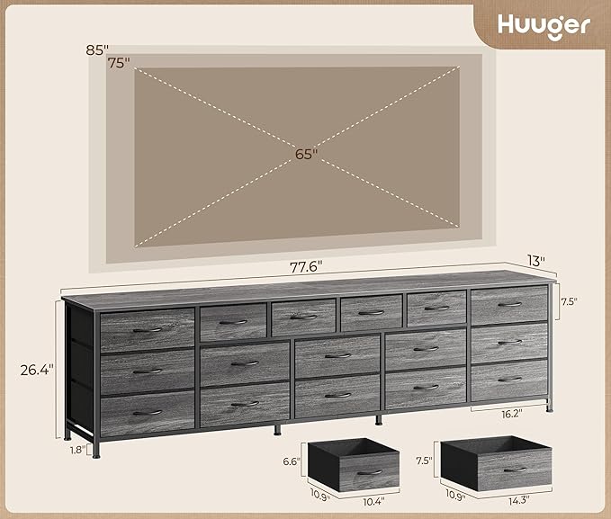 Huuger 77.6" Long Dresser for Bedroom, 16 Drawer Fabric Dresser for Closet, Wide Chest of Drawers with Storage, TV Stand for 65, 75, 85 Inch TV, 77.6" W x 12.9" D x 26.7" H, Grey