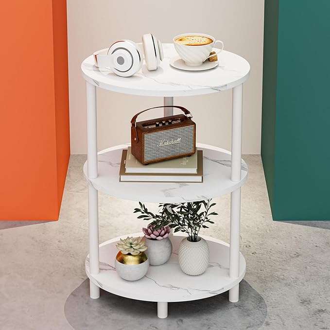 Round Pedestal End Table - 3-Tier Oval Accent Table for Small Spaces, Rustic Wood and Metal Couch Side Table, Nightstand for Bedroom or End Table Living Room, Easy to Assemble, Marble White
