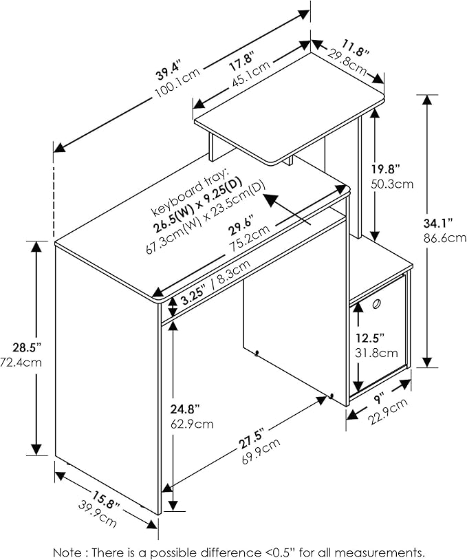Furinno ECON Desk, 40" Wide Gaming Desk with Keyboard Tray, Computer Desk, Office Desk with Side Shelves and Storage Bin for Home Office, Grey Oak