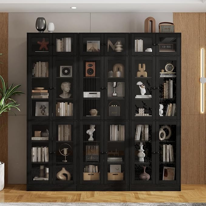 VOWNER 85.5“ H Bookcase with Doors, Wooden Bookshelves and Bookcases for Home Office, Pantry Cabinet with Doors and Shelves, 7-Tier Laundry Room Cabinets, Storage Cabinets for Dining Room (Black)