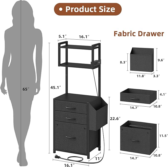 HIGDBFE Small 3 Drawer File Cabinet with Charging Station, 45''H, 3-Tier Filing Cabinet for Home Office, 11''*16'' for Small Printer, Fabric Drawer Fits Letter/A4, Tall Printer Stand, Black
