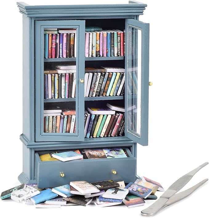Anxiety Bookshelves, Anxiety Bookshelf, Handcrafted Mini Bookshelf with 100+ Unique Miniature Books, Small Anxiety Bookshelves Miniature Library, for Book Lovers, Blue