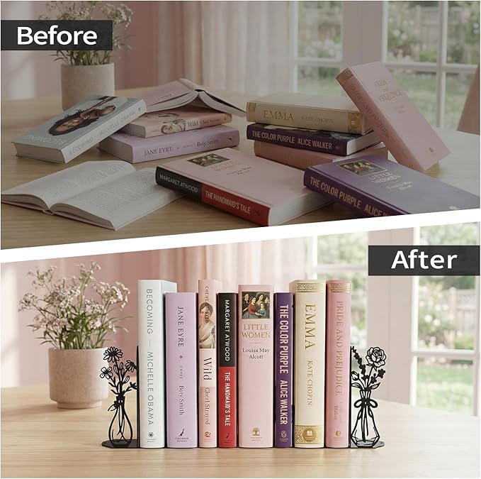 Flower Metal Bookends Decorative Book Ends for Shelves, Cute Book Ends for Home Office Decor Decorative Flower Vase Book Ends for Heavy Books, Book Stopper Ideal Gift for Mother's Day