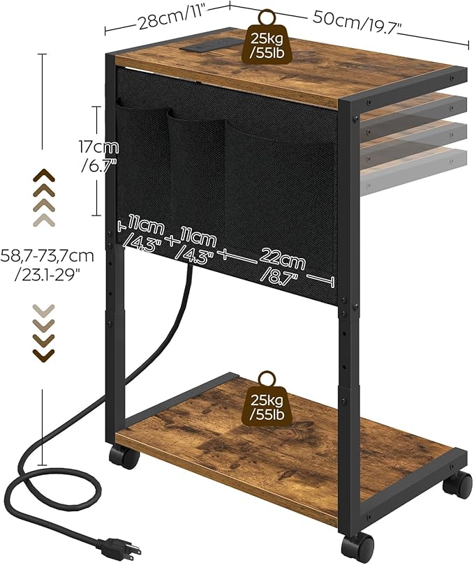 YATINEY PC Stand, Computer Tower Stand with Charging Station, Height Adjustable PC Tower Stand for Floor, 2 Tier Computer Cart On Wheels, 23.1" -29"H,19.7"L x 11"W, for Home Office,Rustic Brown CJ60BR