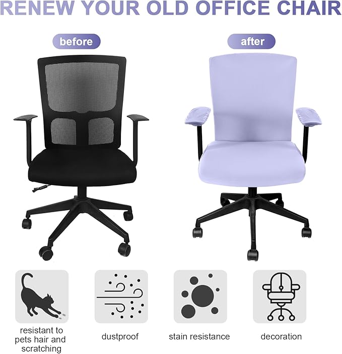 Tallew 4 Pcs Office Chair Covers Set Computer Universal Protective Stretchable Chair Seat Covers Desk Armrest Cover Pads Office Cushion Backrest for Rotating(Regular,Light Purple)