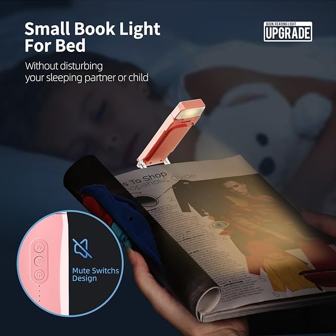EGWASER USB Rechargeable Book Light for Reading in Bed, Portable Clip-on LED Reading Light, 3 Amber Colors & 3 Brightness Dimmable for Eye Caring, Long Lasting,for Book Lovers, Kids (500mAh Pink)