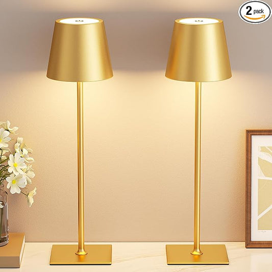 Kakanuo Gold Cordless Rechargeable Table Lamp 5000mAh Battery Operated Lamps, 3 Colors Stepless Dimming Touch Lamp for Living Room, Kitchen Counter, Dining, Outdoor Patio, 2 Pack