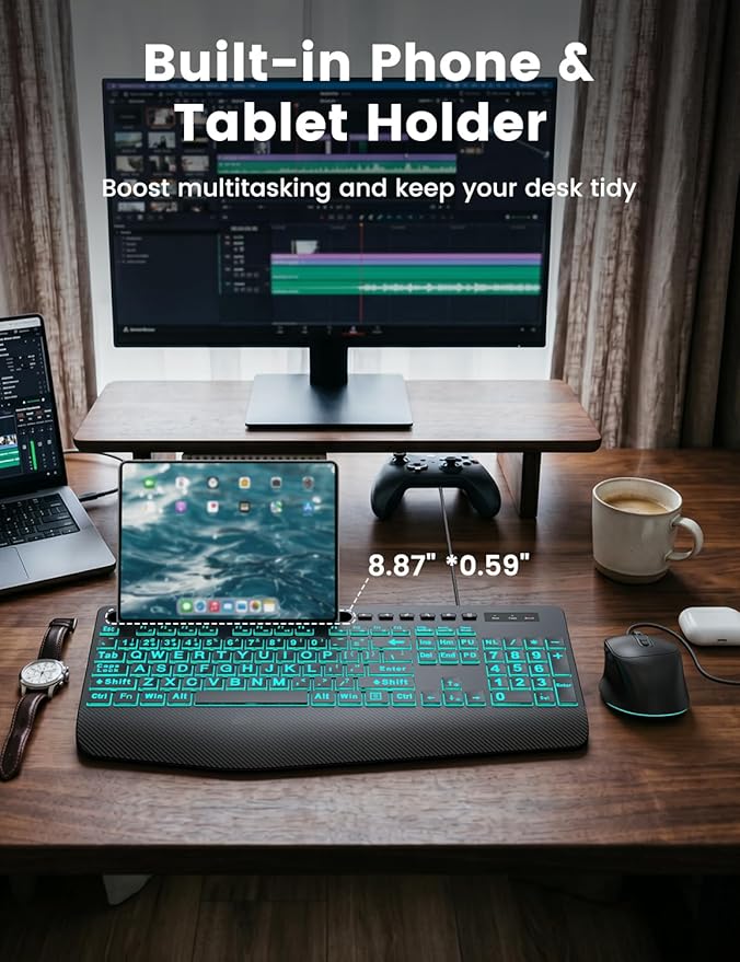 SABLUTE KM21Pro Wired Keyboard Mouse Combo - Large Print Backlit, Ergonomic Wrist Rest, 6 DPI RGB for PC/Windows - Ideal for Seniors, Students, Office and Home