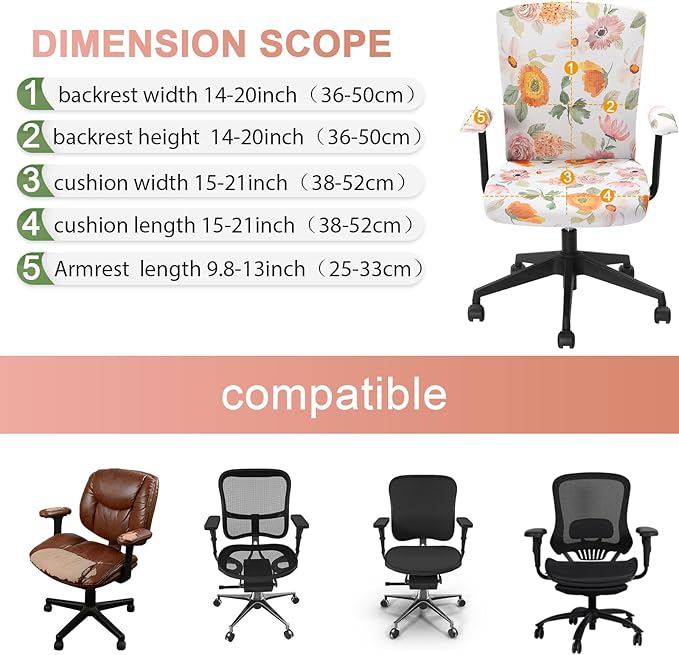 Tallew 4 Pcs Office Chair Covers Set Computer Universal Protective Stretchable Chair Seat Covers Desk Armrest Cover Pads Office Cushion Backrest for Rotating (Flower,Colorful)