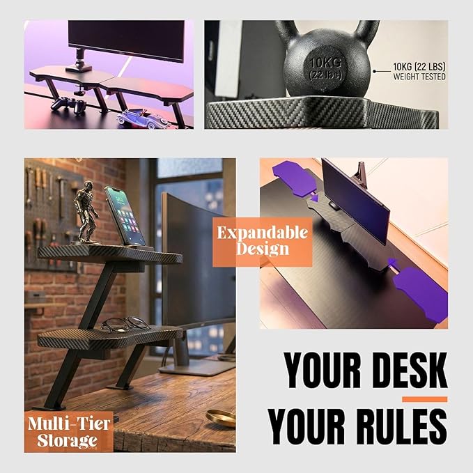 Clamp-On Dual-Layer Desk Shelf Set, Stackable Floating Desk Shelf with Carbon Fiber Textured Surface, 18mm Solid-Core Wood,(Textured Black, 1 Large + 1 Small)