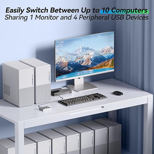 10 Ports HDMI KVM Switch 4K@60Hz EDID Simulation,USB 3.0 KVM Switch for 10 Computers Share 1 Monitor and 4 USB Devices, KVM Switches with Audio RS232 Wired Remote 12V Power and USB Cable