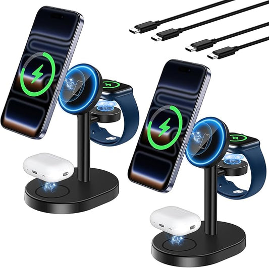 2 Pack Hevanto 2026 3 in 1 Wireless Charging Station for Apple MagSafe Charger, 15W Fast Magnetic Mag-Safe Charger Stand for iPhone 17 16 15 14 13 12 Apple Watch AirPods (Adaptor Not Included)