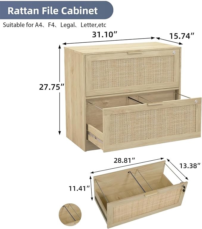 Lateral File Cabinets for Home Office, 2 Drawer Filing Cabinet with Lock, Wide Rattan Filing Organization Storage Cabinets with Printer Stand for Hanging Files/Letter/Legal/A4/F4 Size, Natural Wood