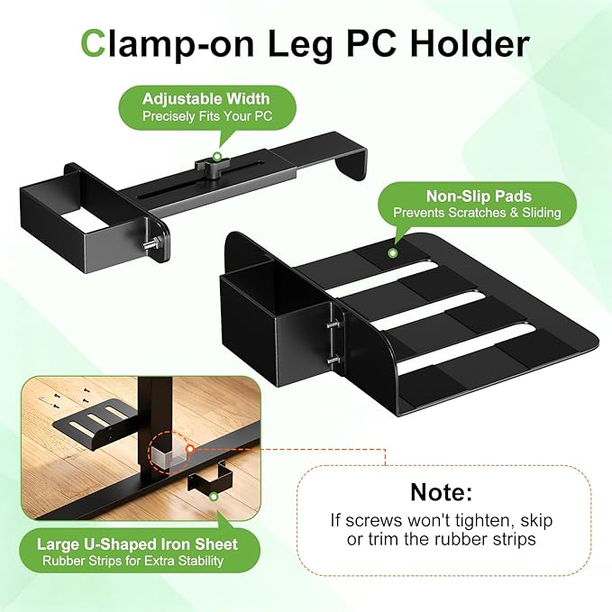 Clamp-On Under Desk PC Mount, No Drilling Adjustable Desk Leg Computer Mount Width Adjustable from 5.7" to 9.8", Holds Up to 40 lbs Heavy Duty PC Tower Stand for Under Desk, Fits 80mm×50mm Legs