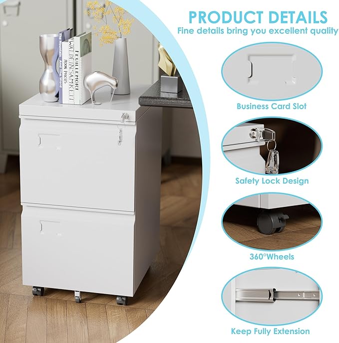 Aobabo Rolling File Cabinet with Lock,2 Drawer Metal Filing Cabinet for Home Office & Under Desk, Heavy-Duty Mobile Storage with 5 Wheels (Anti-Tilt), Fits Letter/Legal,WhiteRequired Assembly