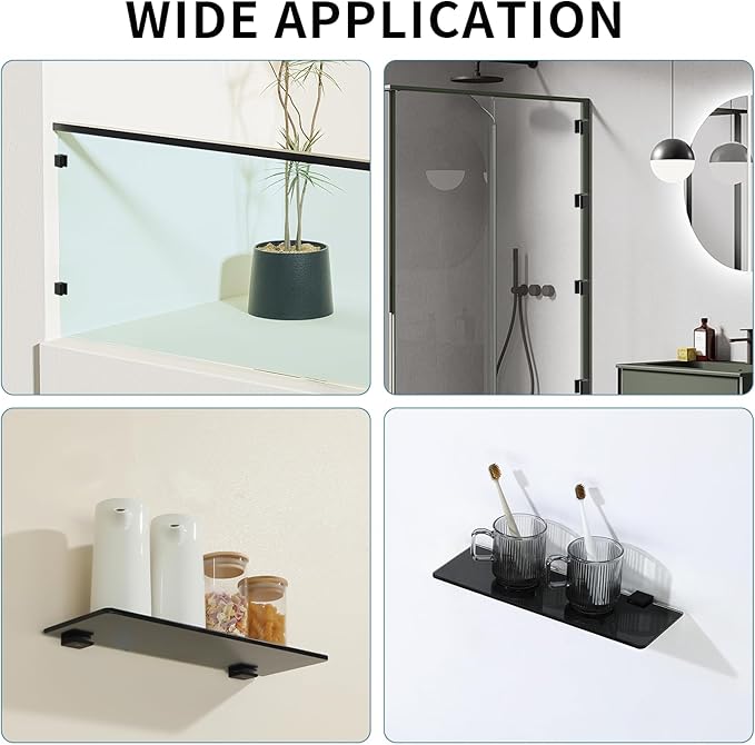 Alise Glass Shelf Brackets 4Pcs, Adjustable Shower Glass Clamps, Heavy Duty Clamp Holder, SUS304 Stainless Steel Brackets for 8-12mm Shelves, Matte Black