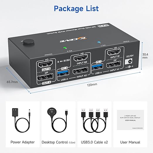KVM Switch 2 Monitors 2 Computers 4K@144Hz 8K@60Hz, HDMI Displayport Dual Monitor KVM Switch for 2 PC Share 2 Monitors Keyboard Mouse Printer, Wired Remote,Power Adapter and USB Cable Included