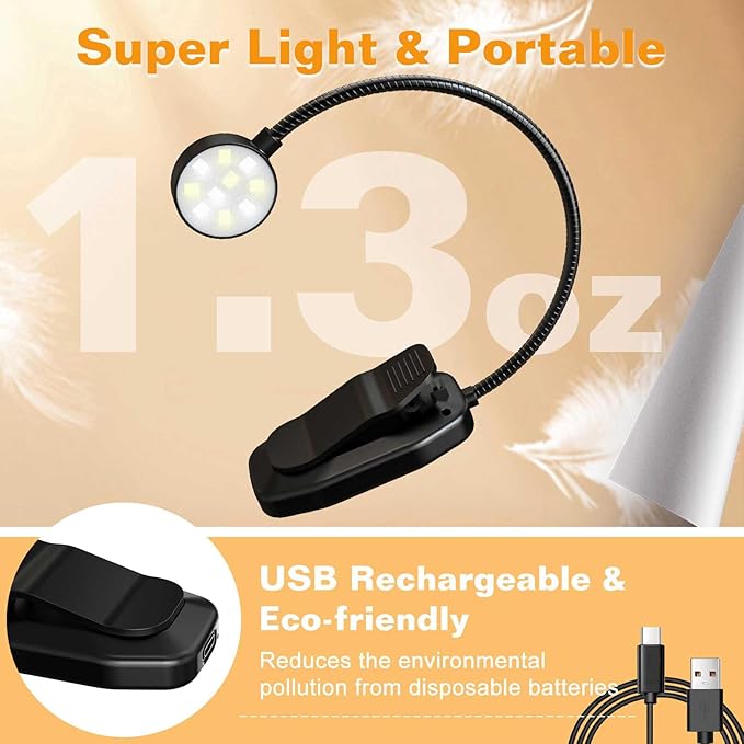 KTEBO Rechargeable Book Light for Reading in Bed, Eye Caring Book Reading Lamp with 10 LED Modes,1.3 oz Lightweight Portable Clip on Light, 360° Adjustable Clamp Light Perfect for Readers