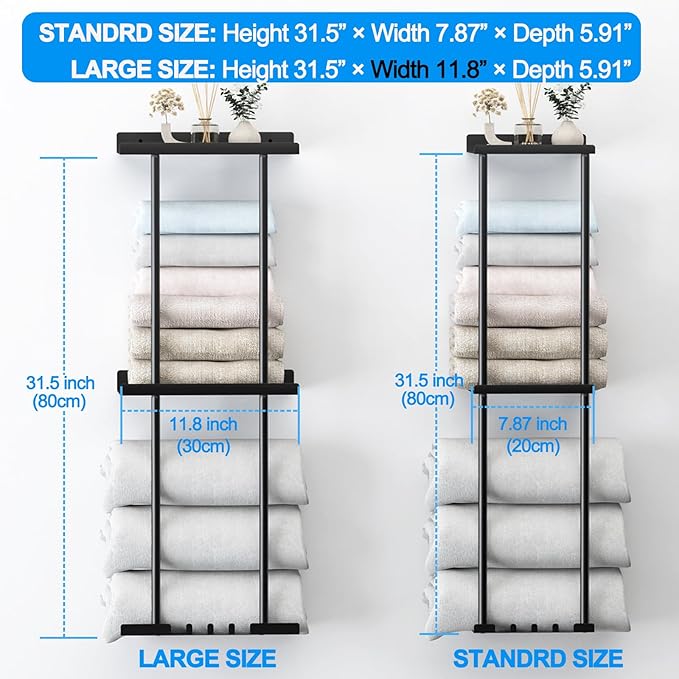 Liuoud Towel Rack for Bathroom, Wall Mounted Vertical Rolled Towel Storage Organizer Holder with Shelf, Holds Up 6 Large Bath Sheets, White Large Size