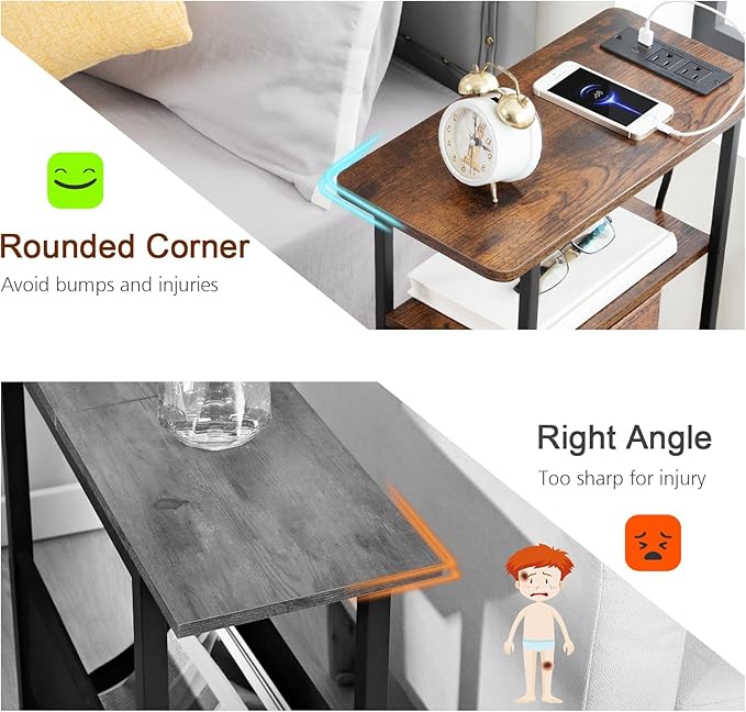 LOAKEKEL Narrow End Table Living Room with Charging Station, Skinny Side Table with Fabric Drawers, Slim LED Nightstand for Bedroom, Small Spaces, Couch, Rustic Brown, HETNDP02LPBR-1