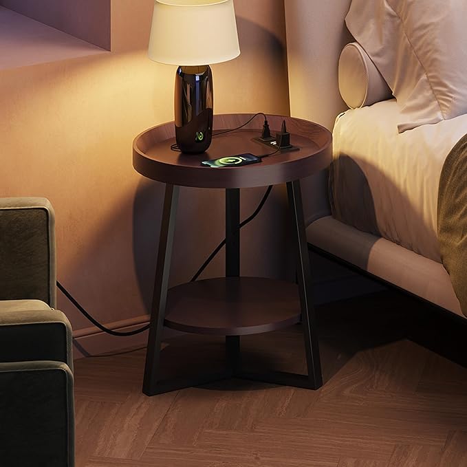 WLIVE Small Round Side Table with Charging Station, Round Coffee Table, 2 Tier End Table for Living Room/Bedroom, Sofa Couch, Easy to Assemble, Wood Tabletop & Metal Frame, Brown