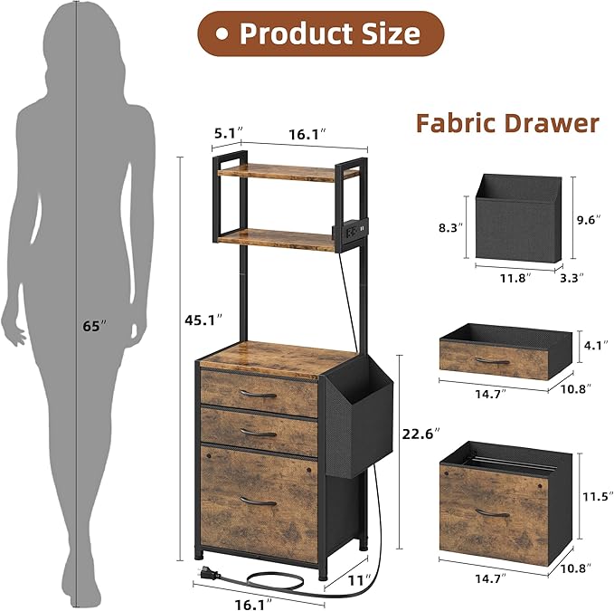HIGDBFE 3 Drawer File Cabinet with Charging Station, 45''H, 3-Tier Small Filing Cabinet for Home Office, 11''*16'' for Small Printer, Fabric Drawer Fits Letter/A4, Tall Printer Stand, Rustic Brown