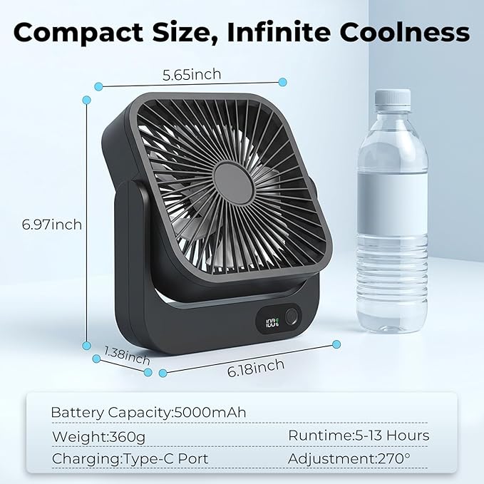 Portable Desk Fan with Magnetic Stand, 5 Speeds Turbo Power USB Rechargeable Personal Fan, Cruise Ship Approved Strong Airflow for Bedroom Office Travel Carnival Cruise Essentials 2026, Black