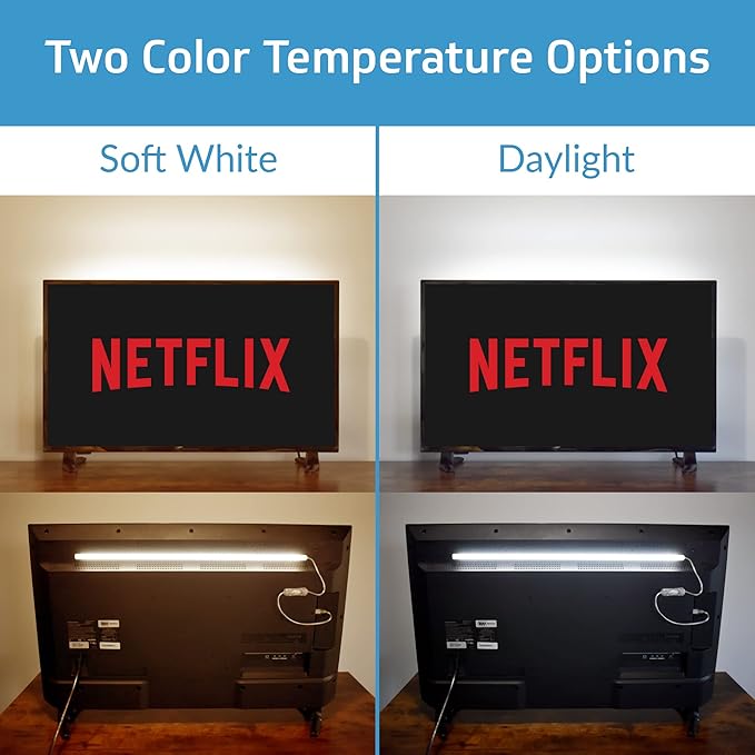 TrueColor USB-Powered LED Light Bar with Frosted Cover for Under Cabinet, Under Monitor, TV Backlight – Easy-Install - Adhesive & Mounting Brackets Included - 100,000 Hours Lifetime (18", Daylight)