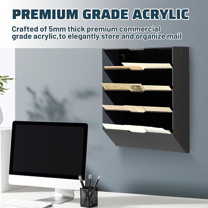 Chunful 5 Tier Mail Sorter Letter Wall Holder Black Acrylic Wall Mounted Mail Organizer Hanging File Envelope Pocket Plastic Mount Document Holder for Home Office Entryway