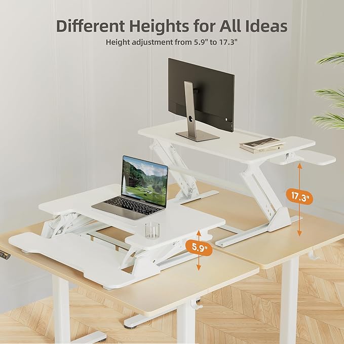Claiks Standing Desk Converter 36 inch, Height Adjustable Sit Stand Up Desk Riser, Quick Sit to Stand Tabletop Dual Monitor Riser Workstation for Home Office with Keyboard Tray, White