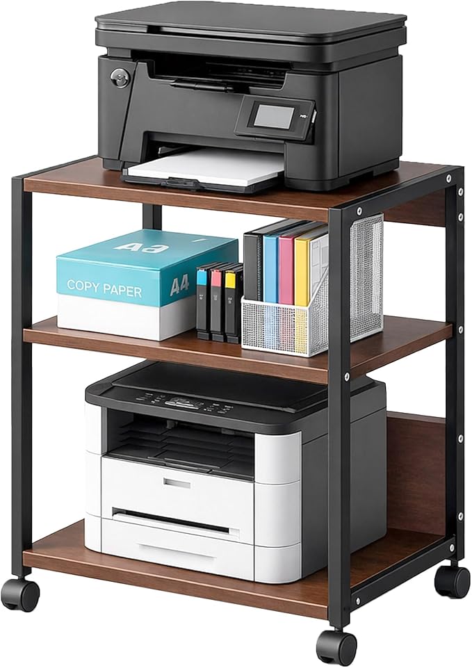 3-Tier Printer Stand with Storage, Adjustable Shelves, Lockable Wheels, Stable Steel Frame for Home & Office Rustic Brown & Black