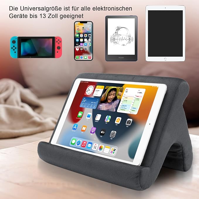 SAMHOUSING Tablet Pillow Stand - Holder & Dock for Bed with 3 Viewing Angles, Compatible with Tablets, Phones & iPad Pro 9.7, 10.5, 12.9 Air Mini 4, 3, Kindle, E-Reader & Books (Grey)
