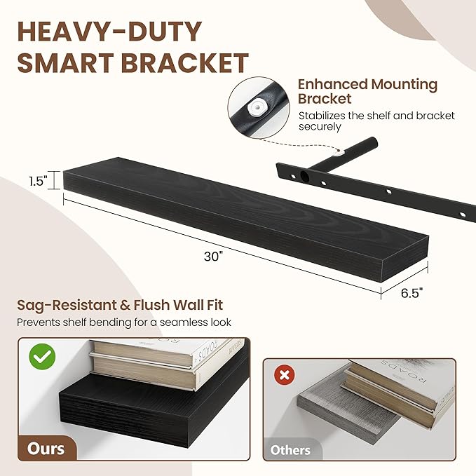 Acovy 30 Inch Floating Shelves for Wall 2 Pack, 30" Wall Shelves for Books, Storage, Decor, Wall Mounted Floating Shelf with Invisible Brackets for Kitchen, Living Room, Black