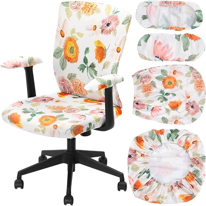 Tallew 4 Pcs Office Chair Covers Set Computer Universal Protective Stretchable Chair Seat Covers Desk Armrest Cover Pads Office Cushion Backrest for Rotating (Flower,Colorful)