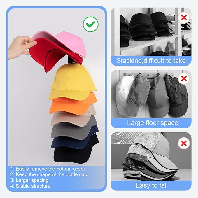Dntorx Hat Organizer for Baseball Caps, 1 Pack Hat Rack for Wall Hold up to 9 Hats Strong Adhesive Hat Hooks Stand Multilayer Hat Hanger Organizer Storage Holder Display for Door Closet Bedroom（Black